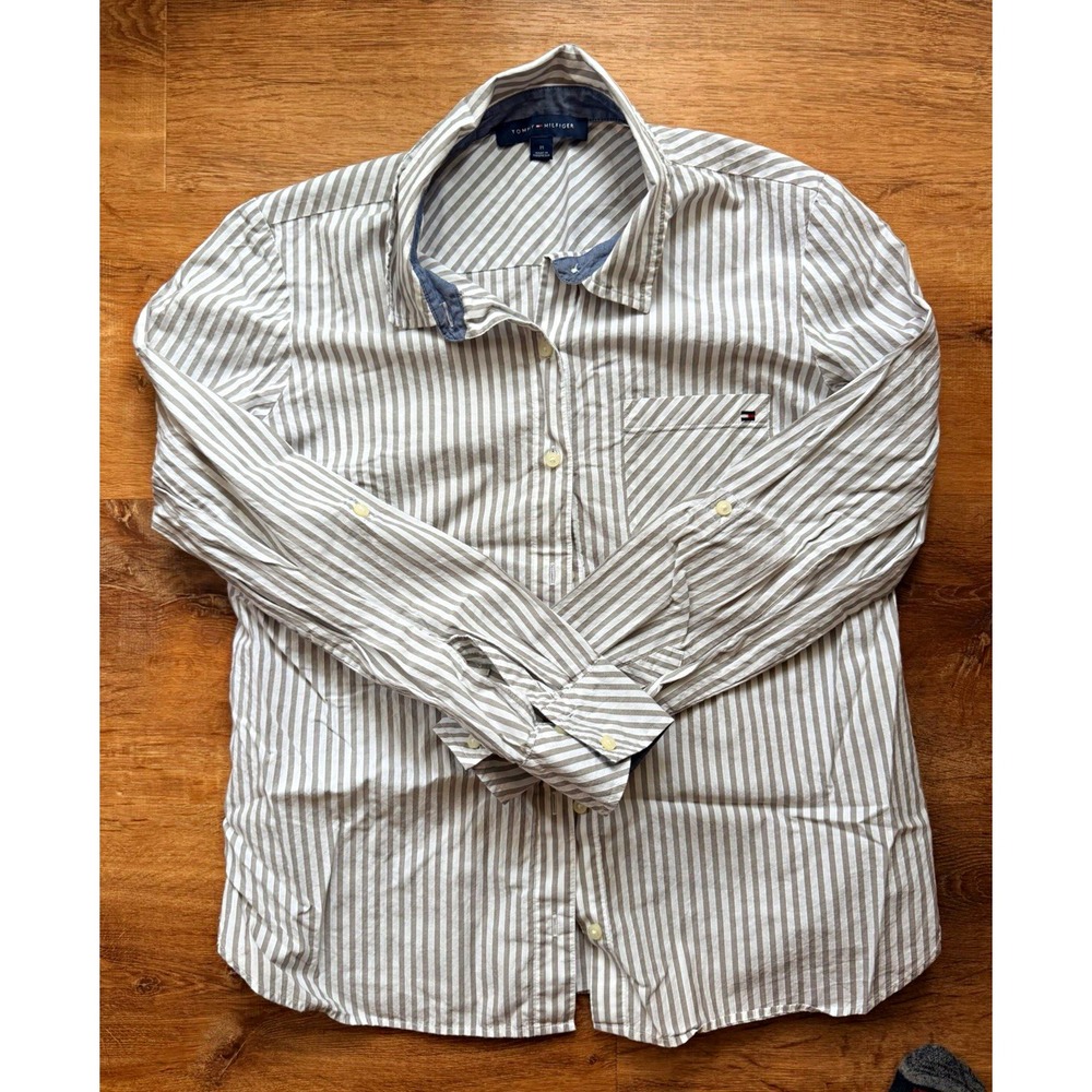 Tommy Hilfiger Shirt unisex M Gray White Striped Long Sleeve Button Up Pockets
